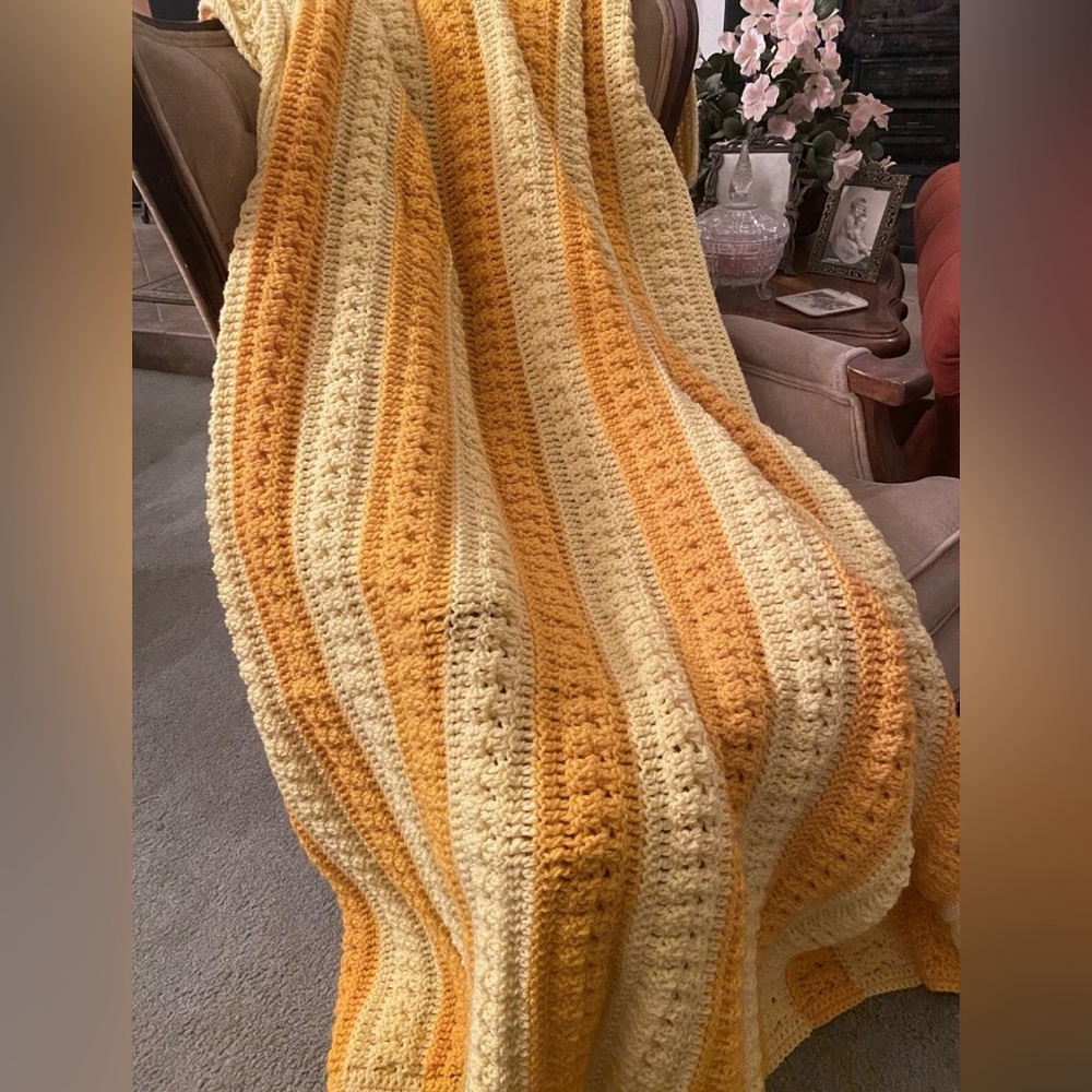Handmade Crochet Afhgan Blanket Yellow 5ft x 7ft